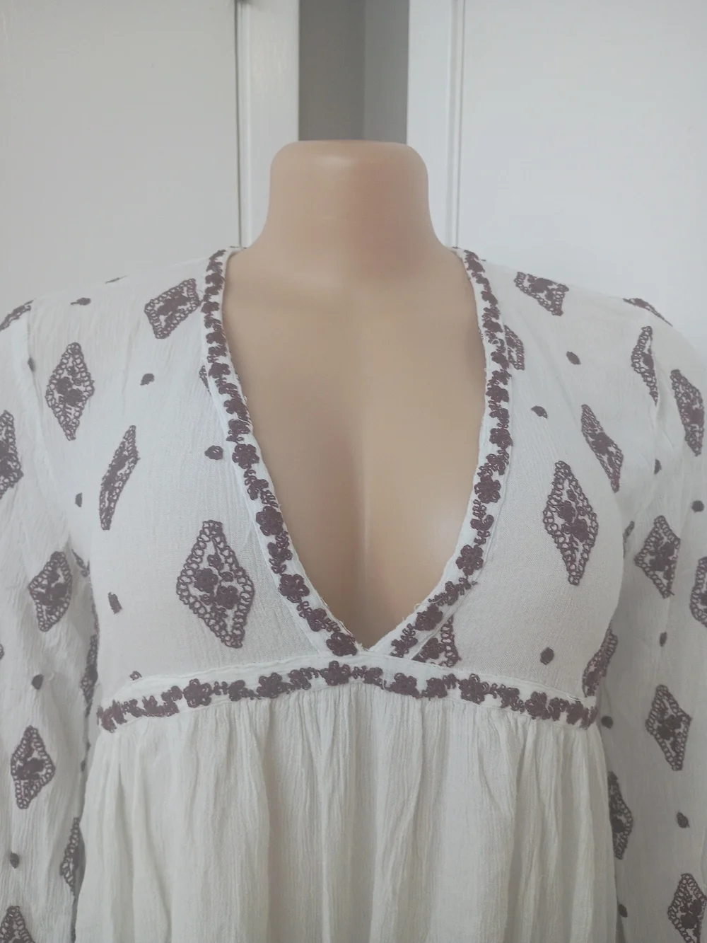 Free People White Peasant Blouse with Purple Print